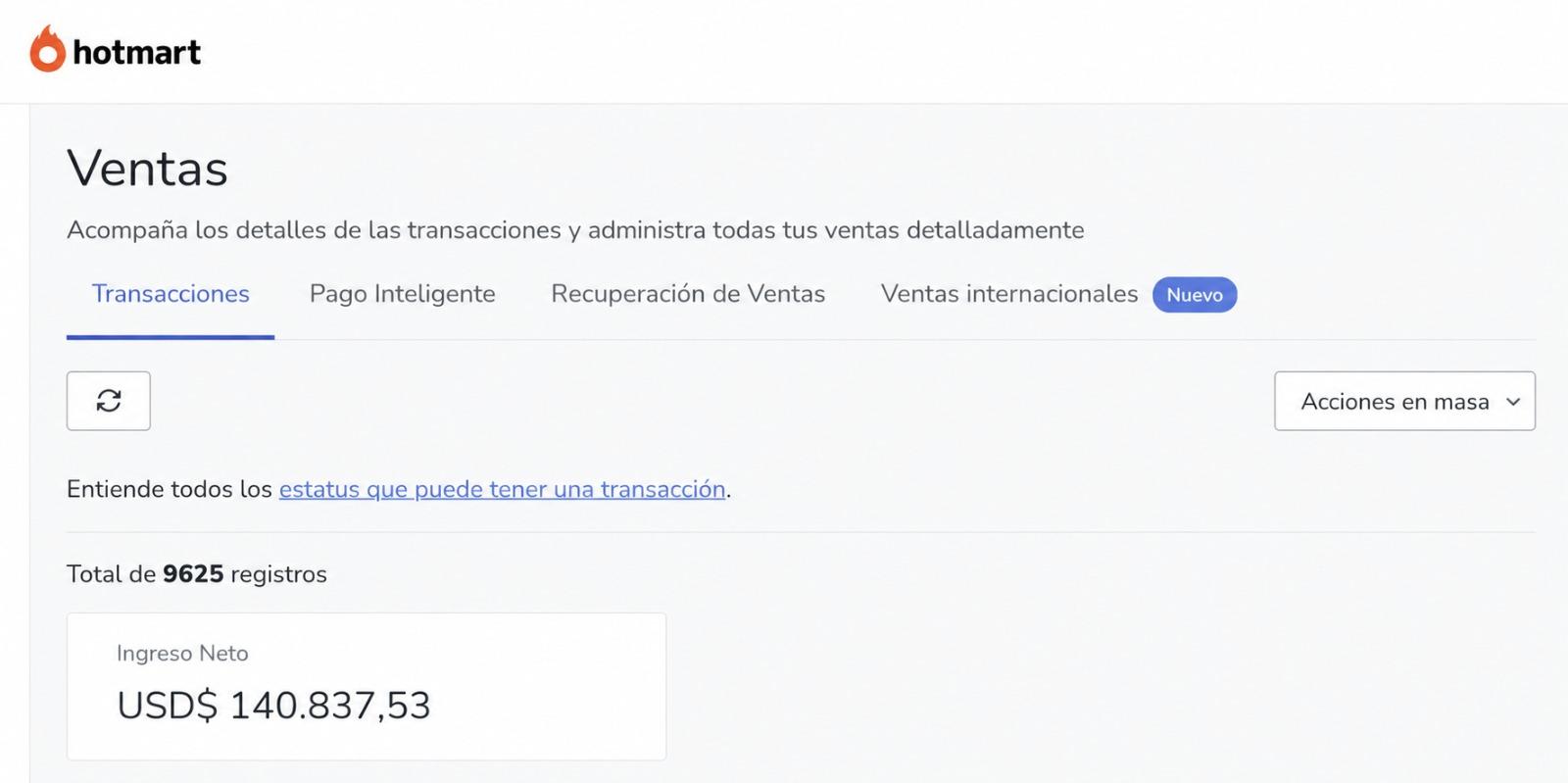 Panel de Hotmart mostrando mas de $140,000 USD en ventas